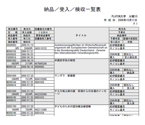 「PLATON」から出力される　納品⁄受入⁄検収一覧表